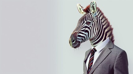 a zebra wearing a suit with a tie on a plain white background on the left side of the image and the right side blank for text,