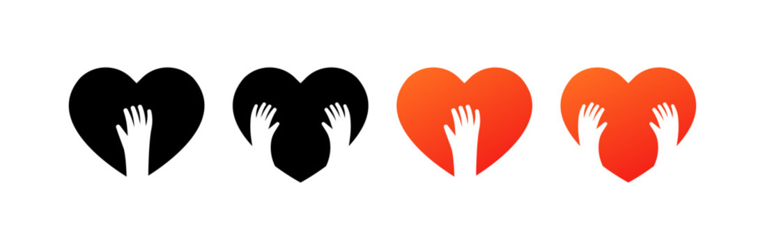 Hearts with hands icons. Silhouette and flat style. Vector icons