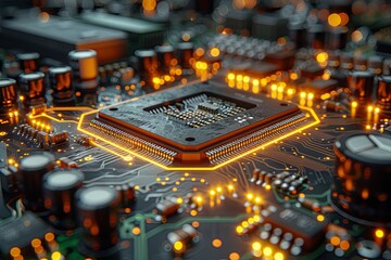 hardware chip isolated on black background electrical circuit board rendering abstract computer, neon-infused digitalism. Generative AI - obrazy, fototapety, plakaty