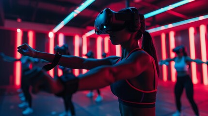 Female Fitness Class Using VR Headsets, High-Energy Virtual Reality Workout, Neon Dynamic Gym Environment, AI Generated
