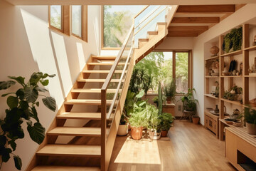 Wooden staircase with clean lines and natural wood tones, bathed in soft, natural light from a skylight. Greenery peeks through a window at the landing. - obrazy, fototapety, plakaty