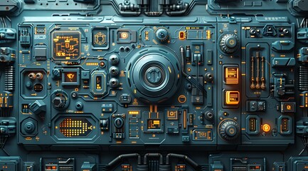 the circuit board on a computer, in the style of light sky-blue and navy, precisionism influence, focus on materials, hyper-realistic atmospheres. Generative AI.