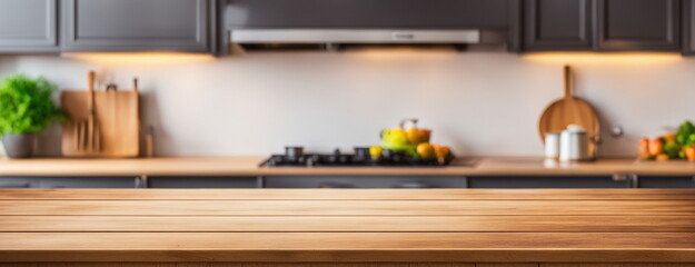 Empty Wooden Table with Kitchen Blurred Background