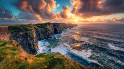Breathtaking beauty of sunset, where rugged cliffs meet the crashing waves of the ocean, painting...