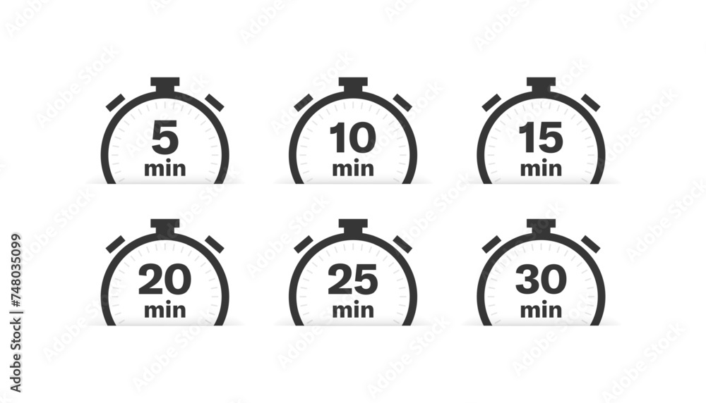 Poster timer icon set. minute timer stopwatch icons. flat style. vector icons