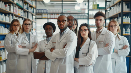 Group of pharmacists standing together and looking.