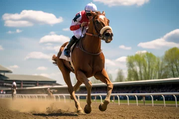 Foto op Canvas jockey shows strength and confidence as he skillfully controls his horse on the derby track on a clear summer day © Катерина Решетникова