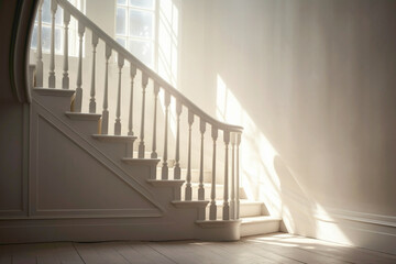 Ethereal light filtering through a window, casting soft shadows on a Scandinavian staircase adorned...