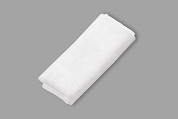 Empty blank white folded material dishcloth mockup isolated on a grey background. 3d rendering.