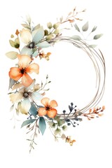Watercolor spring Easter floral wreath of pastel pink and blue flowers on white background. Happy Easter. Greeting card. Copy space.