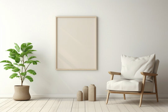 Reflect in a tranquil beige living room with a single wooden chair, a vibrant plant, and an empty frame ready for your personalized touch.