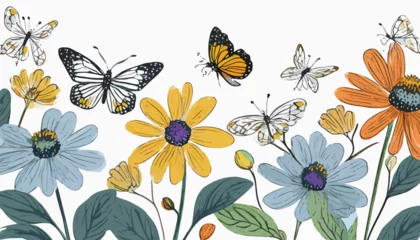 Foto op Plexiglas anti-reflex vector drawing garden flowers and butterflies, dragonfly and bumblebee at white background, hand drawn botanical illustration © Antonio