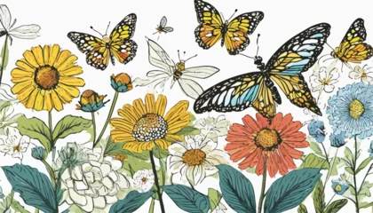 Foto op Plexiglas anti-reflex vector drawing garden flowers and butterflies, dragonfly and bumblebee at white background, hand drawn botanical illustration © Antonio