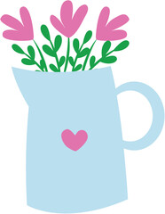 Cute flowers bouquet in kettle. Spring vector