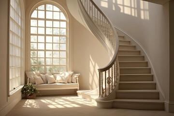 Beige staircase leading to a tranquil window space, perfect for quiet contemplation.