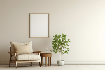 A tranquil beige living room hosts a single wooden chair, a lively plant, and an empty frame yearning for personalized expressions.