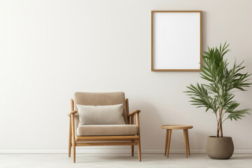 Embrace simplicity in a beige living room where a wooden chair and a lush plant complement an empty frame, ready for your creativity. - obrazy, fototapety, plakaty