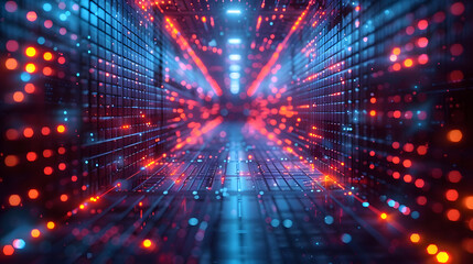 Fototapeta premium Futuristic Abstract Background with Dynamic Light Tunnel. Speed and Motion Digital Circuit Tunnel of Lighting. Creates Power of Energetic Innovative Technology of Speed and Energy Movement.