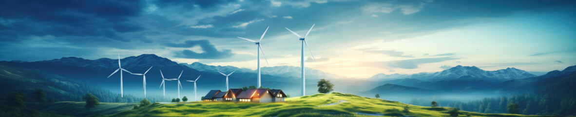 Conceptual background with houses that receive electrical energy from wind turbines and solar panels.