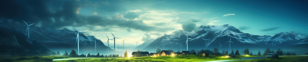 Conceptual background with houses that receive electrical energy from wind turbines and solar panels.