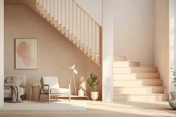 Nordic-inspired stairs in soothing beige tones, adorned with minimalist decor, inviting a sense of calm and tranquility.