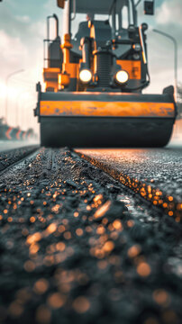 A roller compacting asphalt on the road, focus on the machinery and freshly laid pavement