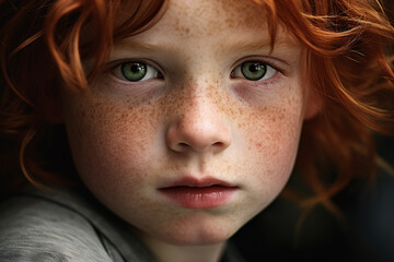 Close up of face of young boy child with red hair and many freckles - obrazy, fototapety, plakaty