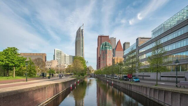 The Hague (Den Haag) Netherlands time lapse, city skyline at Plein Square and skyscraper business district