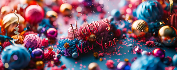 Festive and colorful Happy New Year celebration message with vibrant 3D text surrounded by party confetti, streamers, and decorations on a bright background