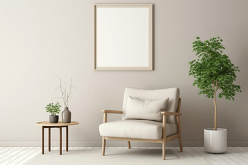 Relish simplicity in a serene beige living room with a single wooden chair, a lively plant, and an empty frame waiting for your expression.