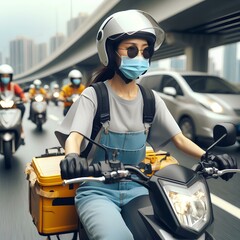 Female wear Sunglasses and mask, ride motorcycle in city traffic