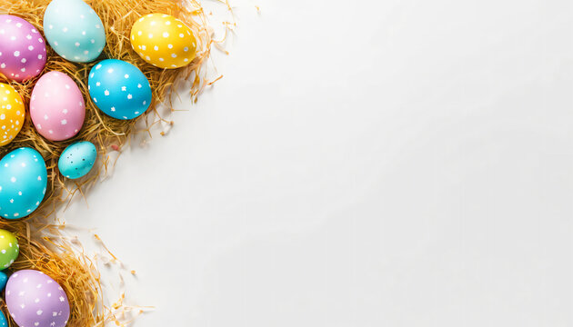 Ester banner Colorful handcrafted Easter eggs on clean white backdrop  flat lay Text space on card Copy space image Place for adding text or design