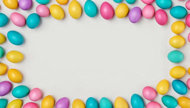 Ester banner Colorful handcrafted Easter eggs surrounded on clean white backdrop  flat lay Text space on card Copy space image Place for adding text or design
