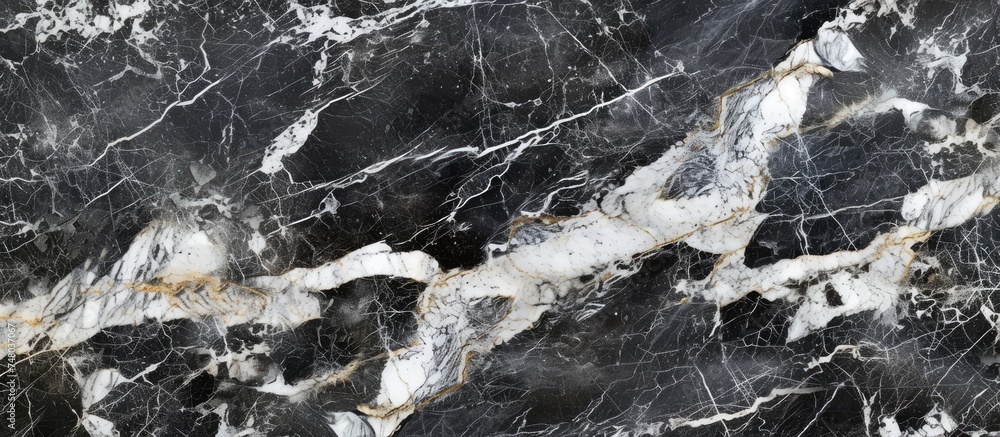 Poster a visually striking black and white marble texture with intricate gold accents, creating a luxurious