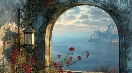 scenic view of the sea and a distant land mass, framed by an arched opening in a textured wall, with a lantern and flowering plant in the foreground - obrazy, fototapety, plakaty