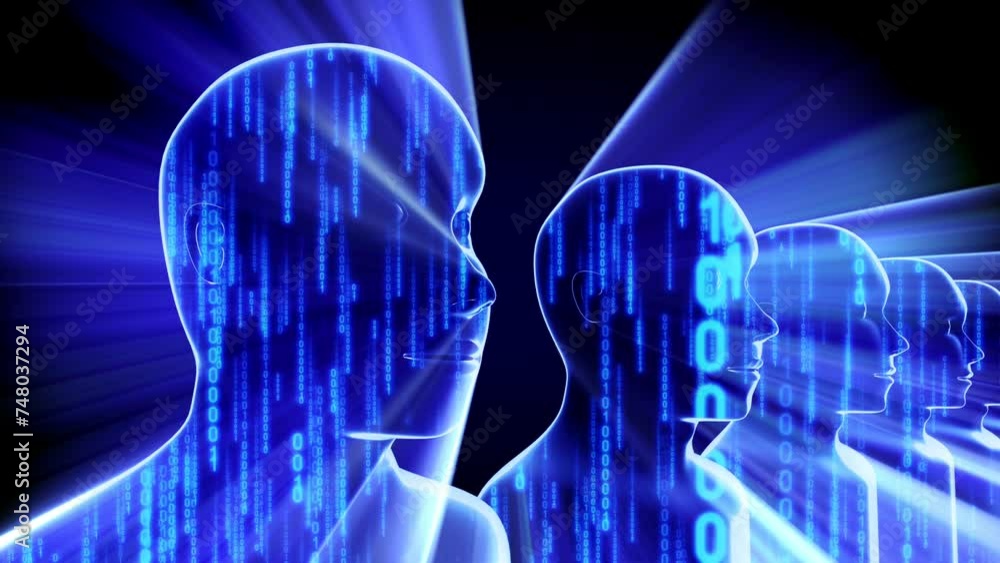 Aufkleber many geometrical man heads and matrix style binary code - 3d 4k animation (3840 x 2160 px)