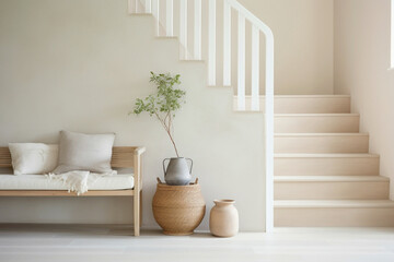 Clean lines and natural textures define a tranquil beige staircase in a Scandinavian home, bathed...