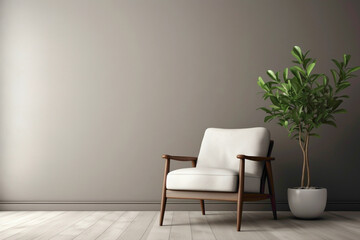 Minimalistic single chair surrounded by neutral tones, adorned with a lush plant, opposite a blank frame for copy.