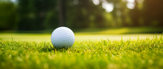 A view of a golf ball close up, blurred background landscape with trees