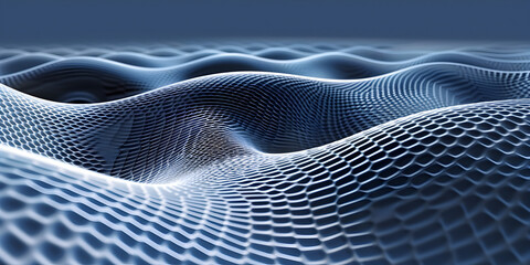 Abstract 3D Waveform with Futuristic Hexagonal Mesh Pattern,Futuristic Abstract Blue 3D Grid Mesh with Wave-Like Geometric Texture