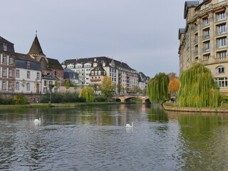 Fototapeta na wymiar Paysage d'automne avec fleuve à Strasbourg