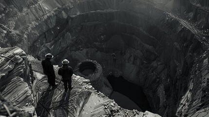 Coal mine workers in an open pit - obrazy, fototapety, plakaty