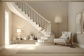 Scandinavian elegance portrayed in a beige staircase, where each step whispers the language of clean design and subdued charm. - obrazy, fototapety, plakaty