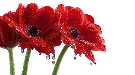 Two red poppies covered in dew drops create a visually stunning and emotional image