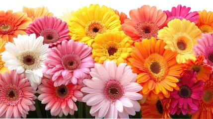 A colorful array of fully-bloomed gerberas in reds, pinks, oranges, and yellows, densely packed