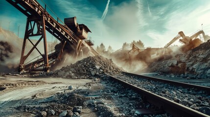 Industrial heavy machines with conveyor belts crushing stones for covering railway tracks in quarry with dirt and dust - obrazy, fototapety, plakaty