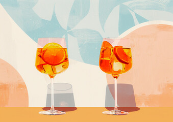 Illustration of an abstract painting of two aperol spritz cocktails