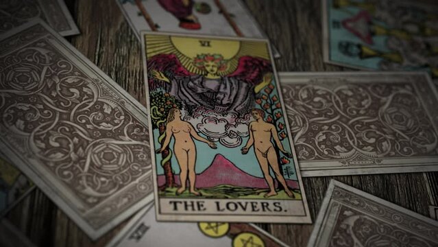 Berlin, Germany - April 1, 2022. Metaphorical future romantic lovers from depicted on a tarot card. Metaphorical romantic relationship in future. Predicting future metaphorical romantic connections
