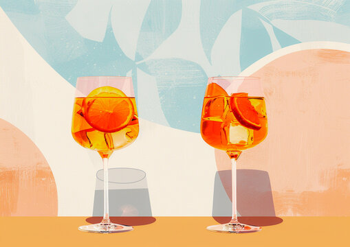 Illustration of an abstract painting of two aperol spritz cocktails