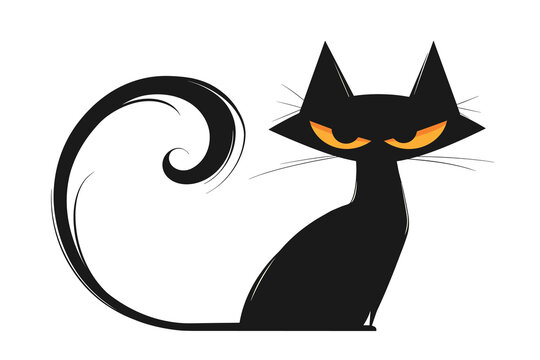 recommend clip art: Black angry furry cat with yellow eyes, flat vector illustration isolated on white background.